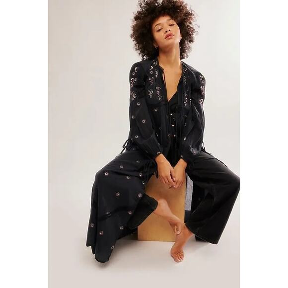 Free People Dresses & Skirts - Free People NWT Chasin Spring Maxi Bodysuit Dress Button Embroidery Black M $198